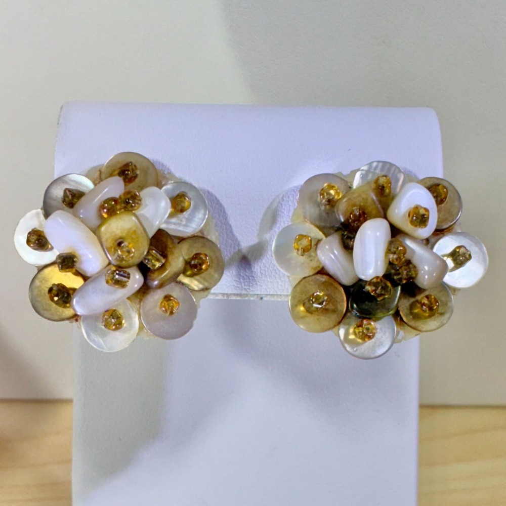Japan Marked Vintage Iridescent Disc White Amber Beaded Cluster Clip On Earrings